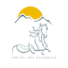 Logo de l’association Cheval des Possibles, représentant un cheval sous un soleil doré.