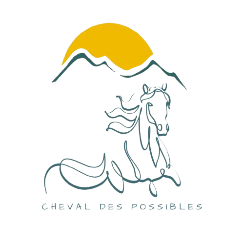 Logo de l’association Cheval des Possibles, représentant un cheval sous un soleil doré.