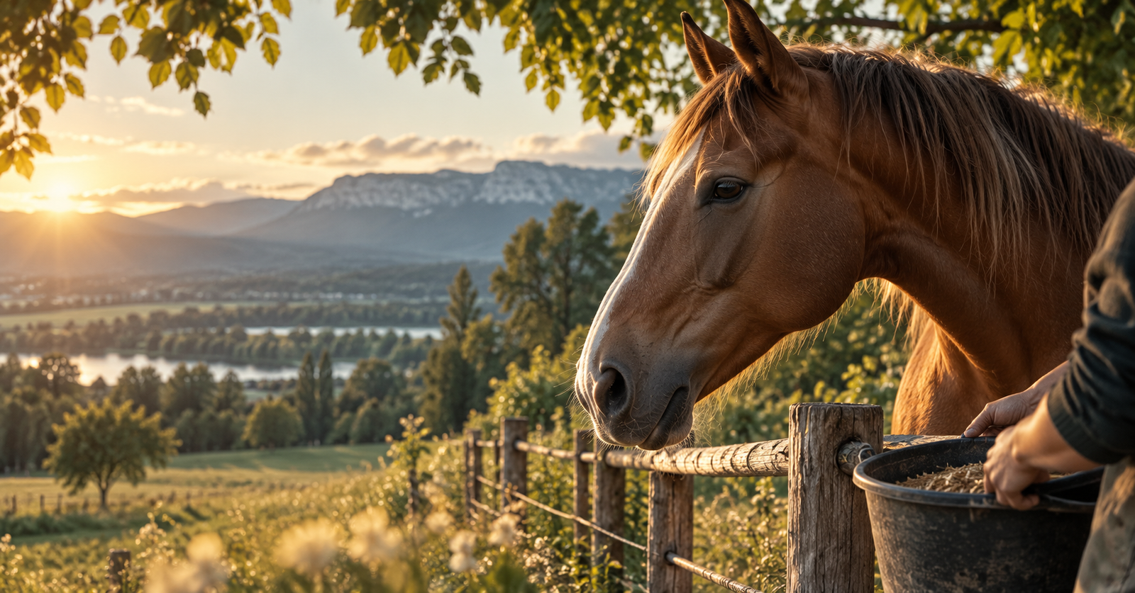 Cheval près d’une clôture dans un paysage rural, tandis qu’une personne apporte un seau de nourriture.