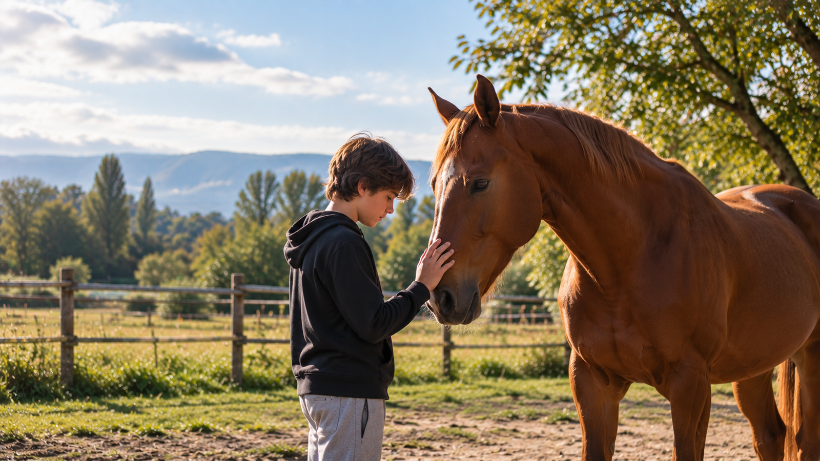 Jeune en relation avec un cheval lors d’un accompagnement à Cheval des Possibles à Genève