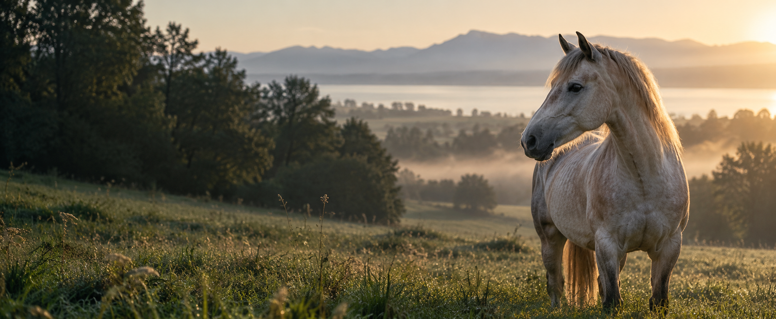 Un cheval clair dans une prairie à la lumière de l’aube