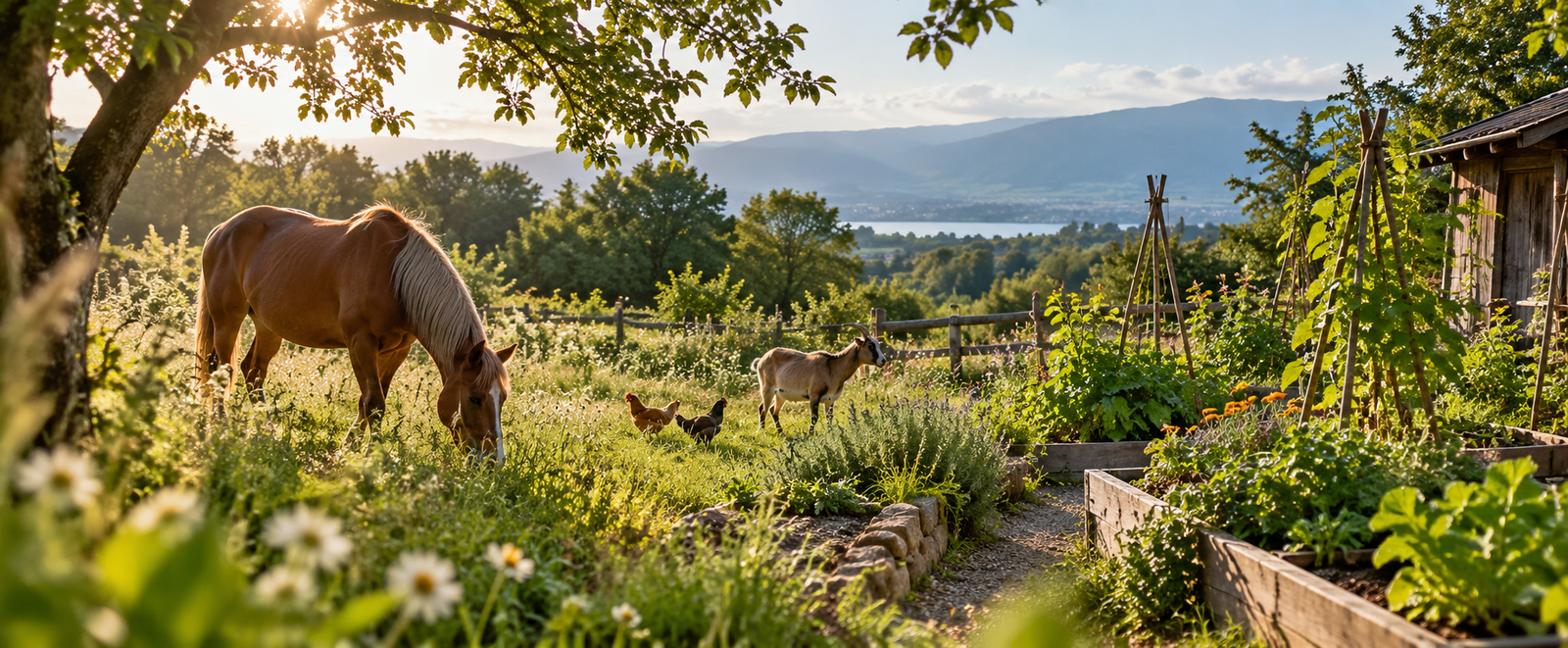 Cheval, autres animaux et potager dans le paysage rural de Cheval des Possibles à Genève