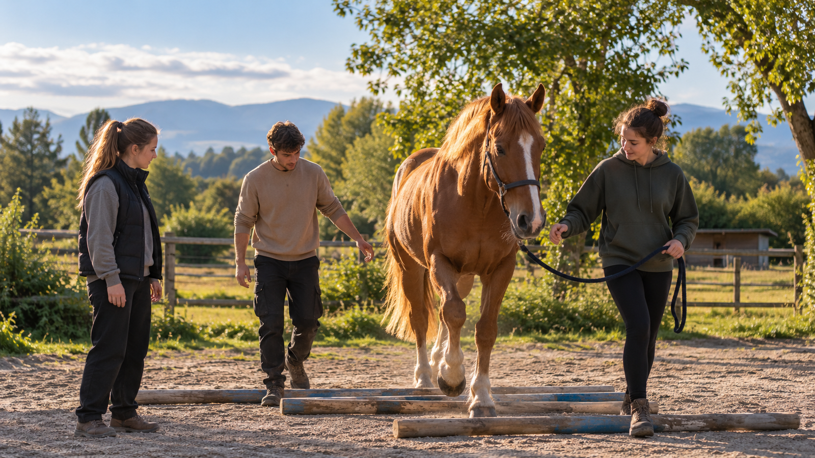 Jeunes adultes participant à une activité avec un cheval dans la campagne genevoise